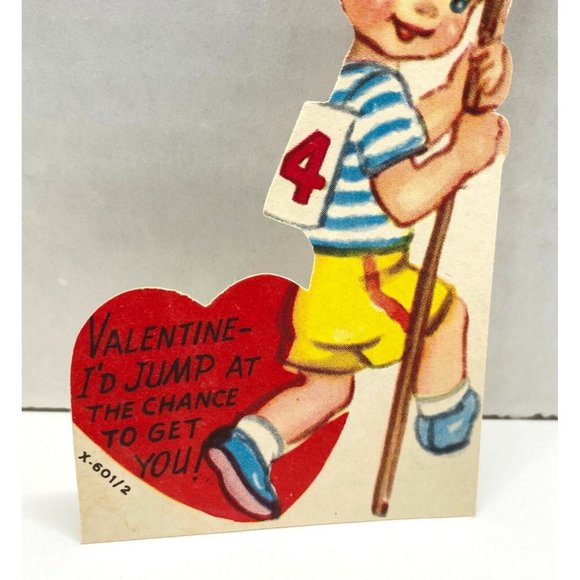 Vintage 1950s Valentine Greeting Card Sports Pole Vaulting Boy 4 Inch Diecut - Picture 4 of 4